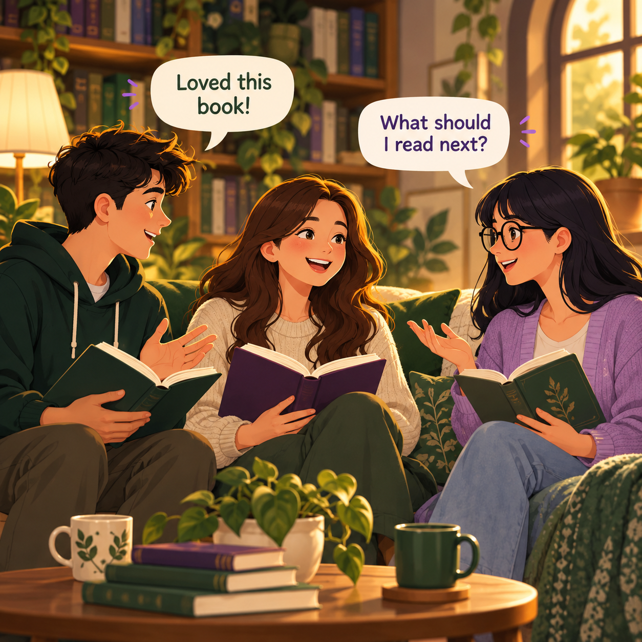 Illustration of three readers sharing books and recommendations in a cozy library
