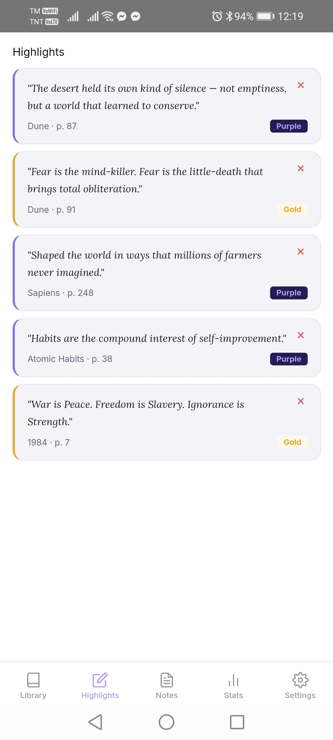 BookHive highlights screen in light theme