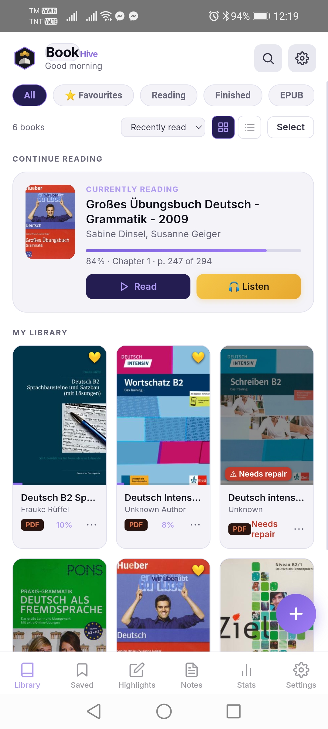 BookHive light-mode library with six books and reading progress
