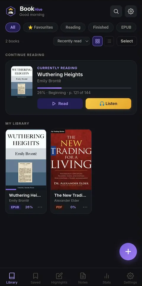 BookHive library with continue reading and book cards
