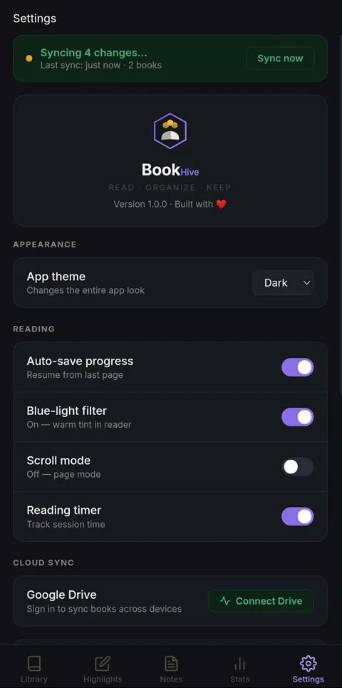 BookHive appearance and reading settings