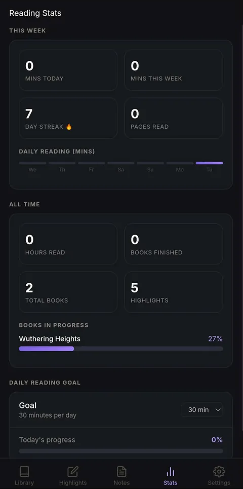 BookHive reading statistics and daily goal