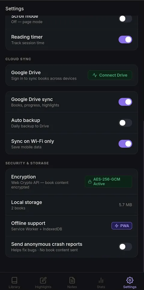 BookHive security, storage, and sync settings