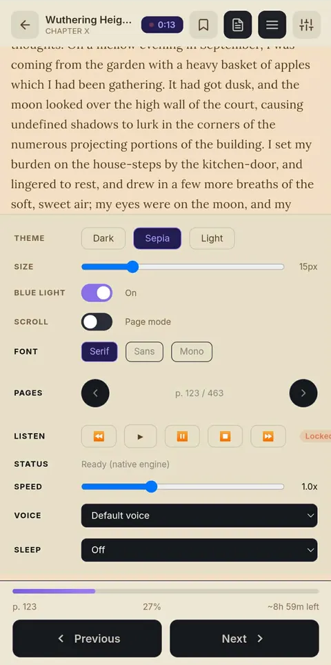BookHive reader controls in sepia theme