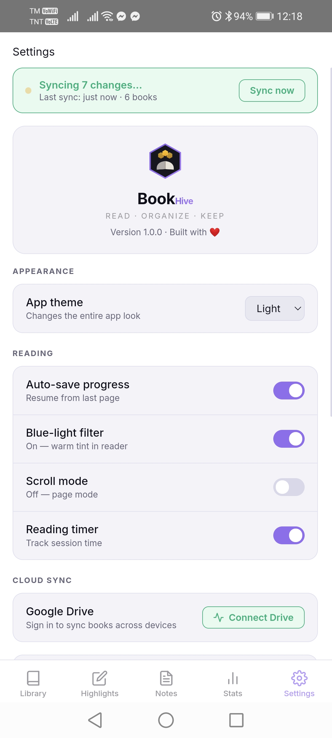 BookHive settings screen in light theme