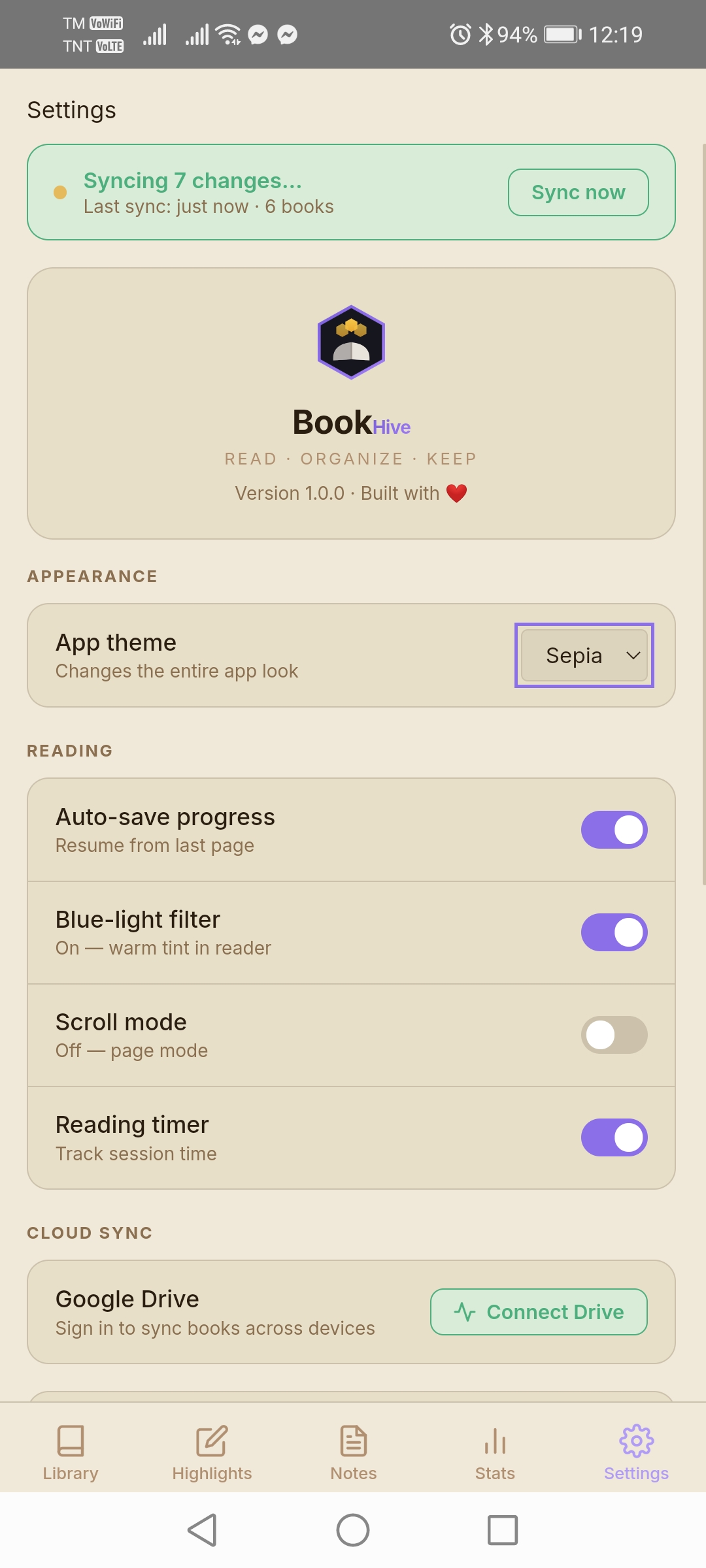BookHive settings screen in sepia theme